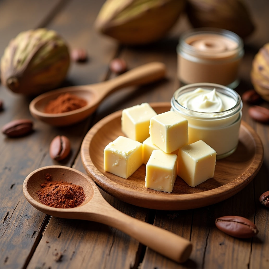 kakaobutter auf einem rustikalen Brett mit Kakaopulver in Holzlöffeln daneben. Im Hintergrund sind Kakaobohnen zu sehen, sowie zwei Tiegel mit pflegender Kakaobutter.
