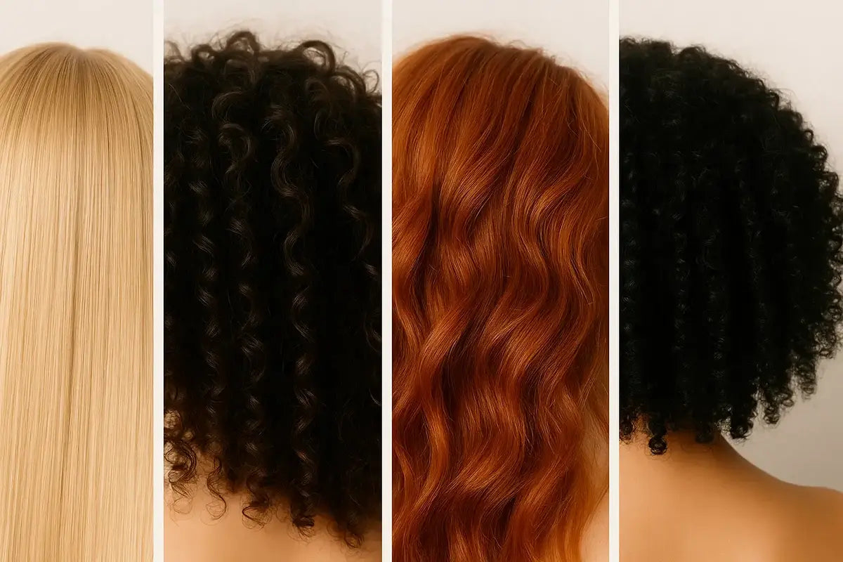 vier unterschiedliche Haarfarben und -Typen nebeneinander.
