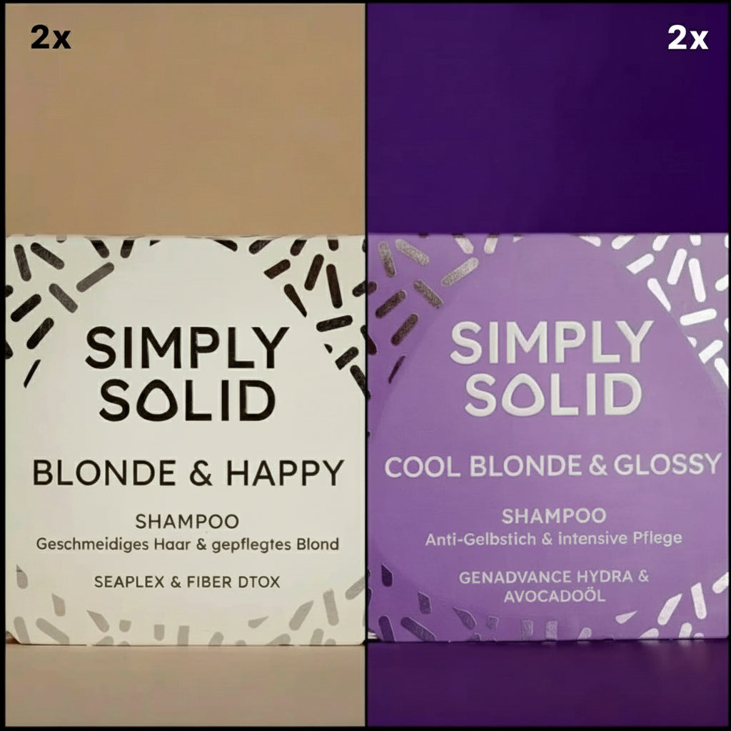 Zwei Simply Solid Faltschachteln festes Shampoo Cool blonde & Glossy und Blonde & Happy