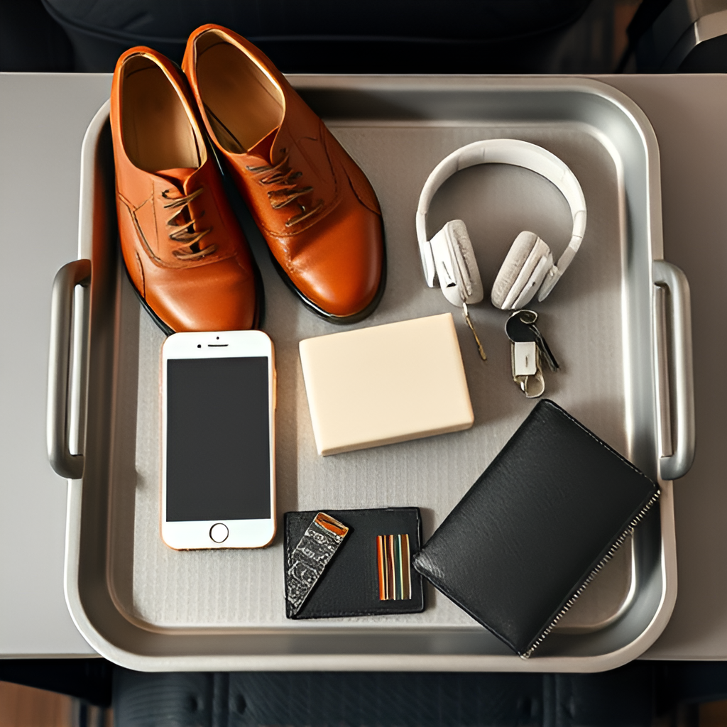 Airport-Tray mit Schuhen, Geldbeutel, Handy und einem festen Waschstück