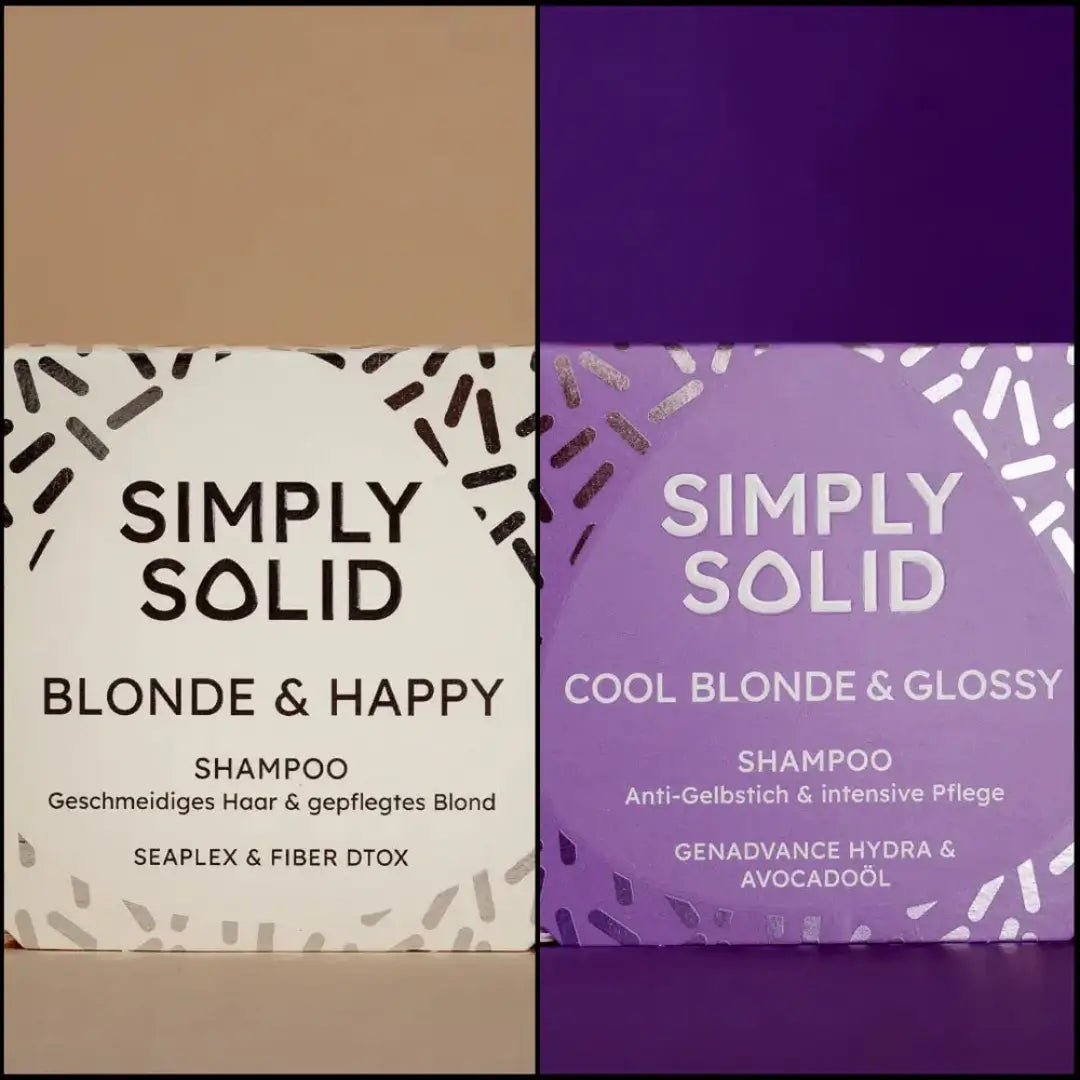 Zwei Simply Solid Faltschachteln festes Shampoo Cool blonde & Glossy und Blonde & Happy